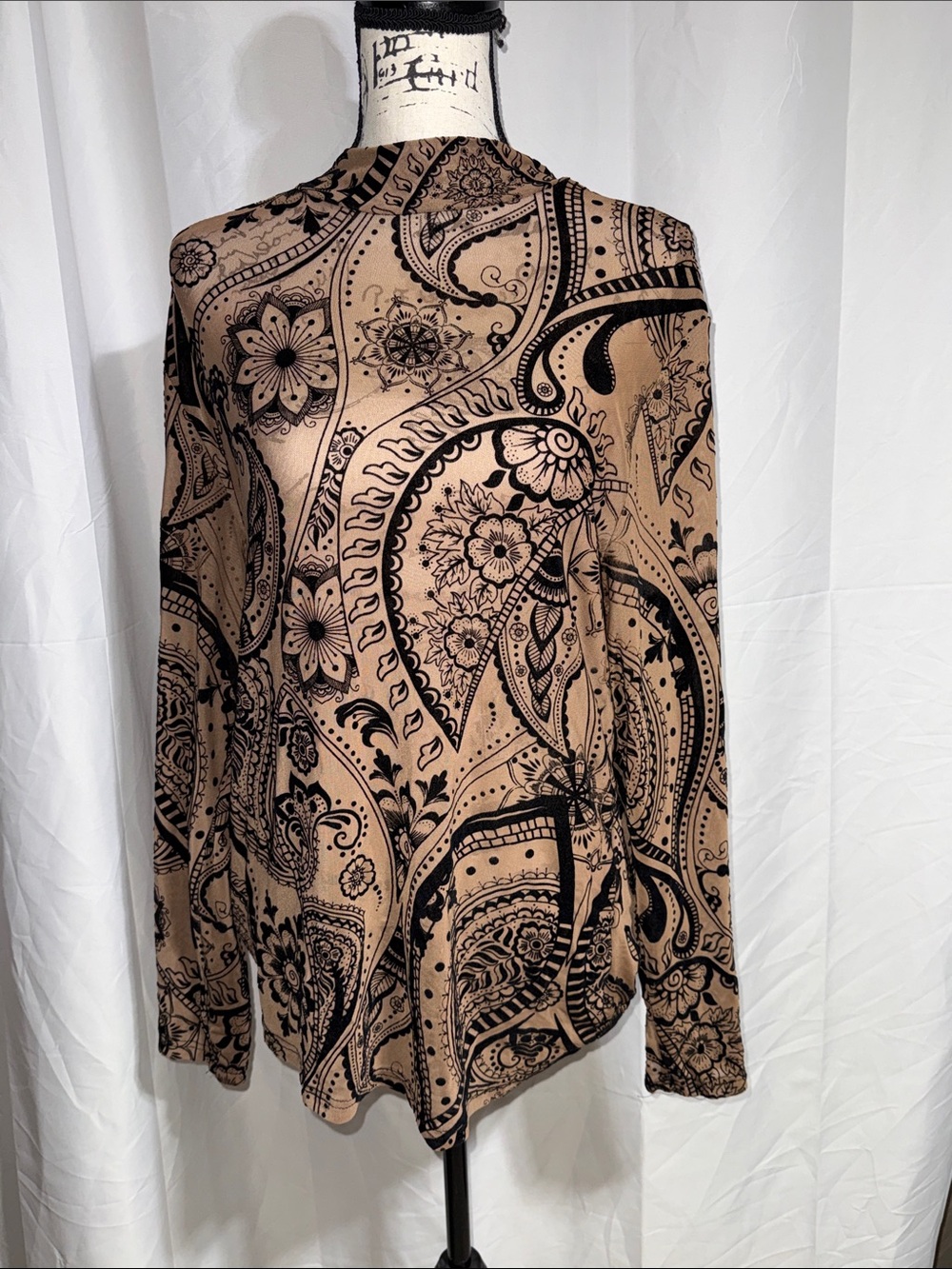 SHEIN Black Paisley Print Long Sleeve Top - Beige